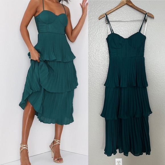 Lulus Cascading Crush Emerald Green Tiered Bustier Midi Dress - Picture 1 of 8